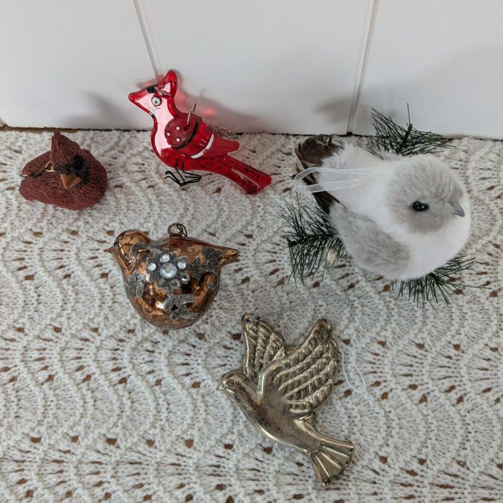 Lot of 7 Bird Themed Tree Ornaments - Various Styles, Colors, Birds